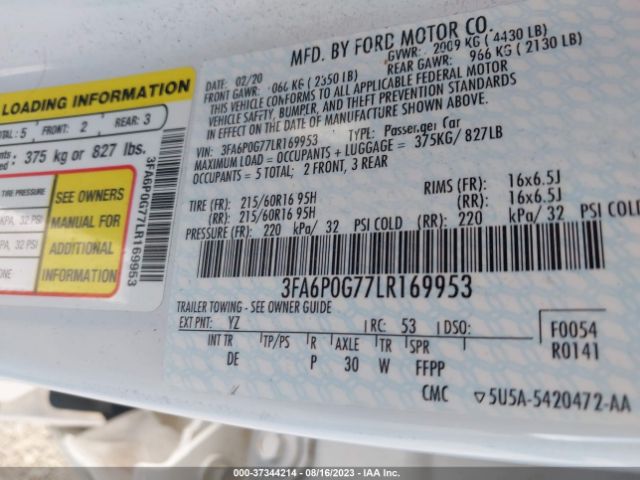 3FA6P0G77LR169953 Ford FUSION S