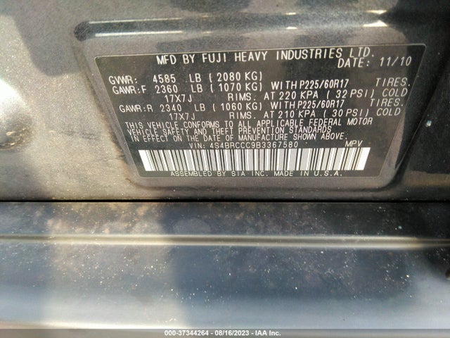 2011 SUBARU OUTBACK 2.5I PREM AWP VIN: 4S4BRCCC9B3367580