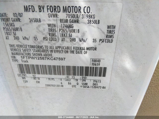 2007 FORD F-150 XLT/LARIAT/KING RANCH/FX2 VIN: 1FTPW12587KC47597