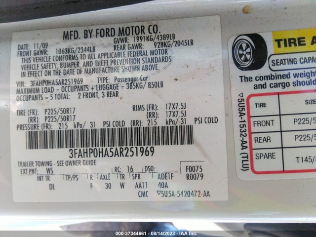 2010 FORD FUSION SE VIN: 3FAHP0HA5AR251969