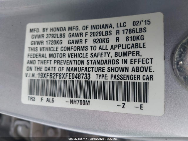 2015 HONDA CIVIC SEDAN EX VIN: 19XFB2F8XFE048733