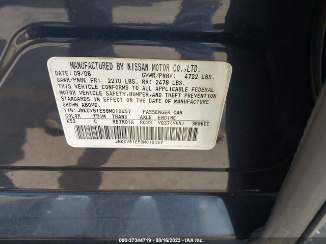 2009 INFINITI G37 SEDAN JOURNEY VIN: JNKCV61E59M010457