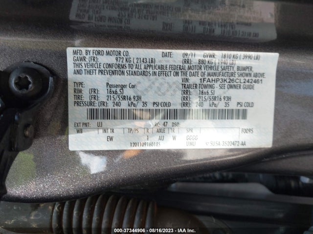 2012 FORD FOCUS SE VIN: 1FAHP3K26CL242461