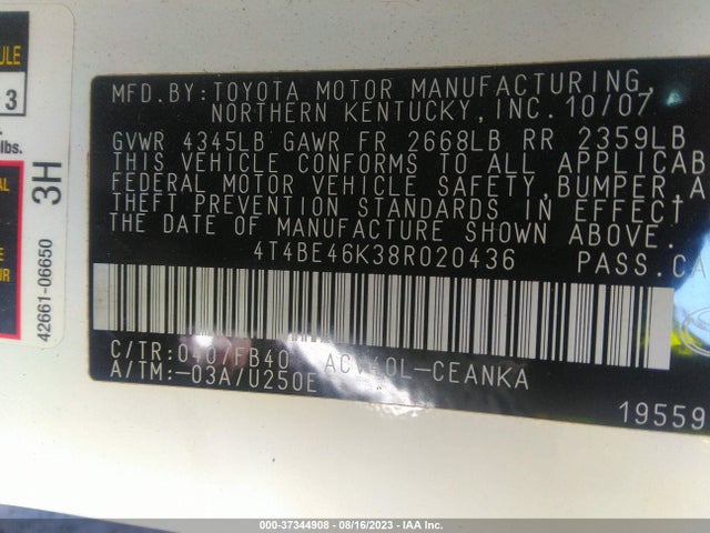 2008 TOYOTA CAMRY VIN: 4T4BE46K38R020436