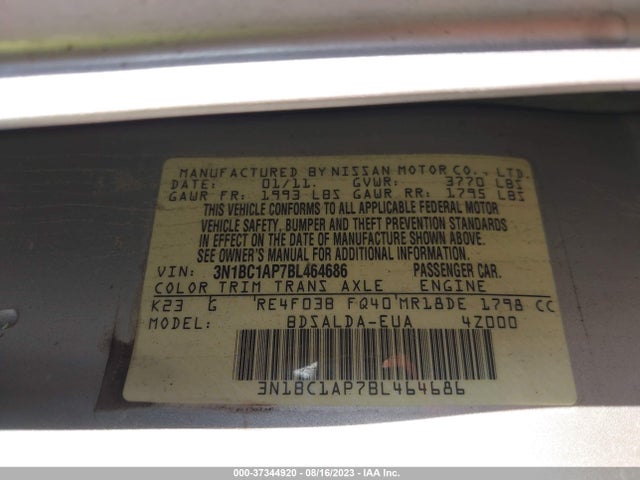 2011 NISSAN VERSA 1.8 S VIN: 3N1BC1AP7BL464686