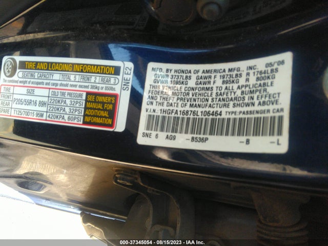 2006 HONDA CIVIC SDN EX VIN: 1HGFA16876L106464