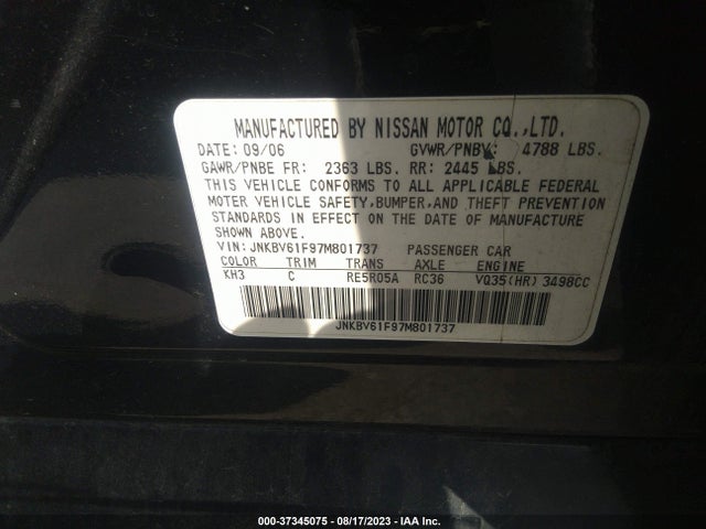 2007 INFINITI G35 SEDAN G35X VIN: JNKBV61F97M801737