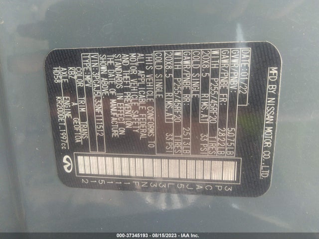 2022 INFINITI QX55 SENSORY VIN: 3PCAJ5L33NF111512
