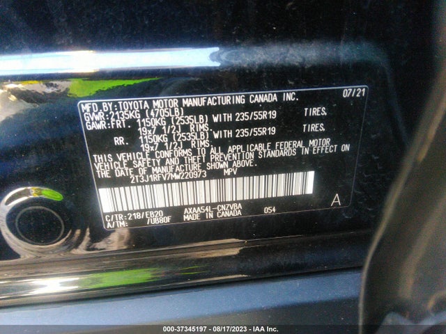 2021 TOYOTA RAV4 ADVENTURE/TRD OFF ROAD VIN: 2T3J1RFV7MW220973