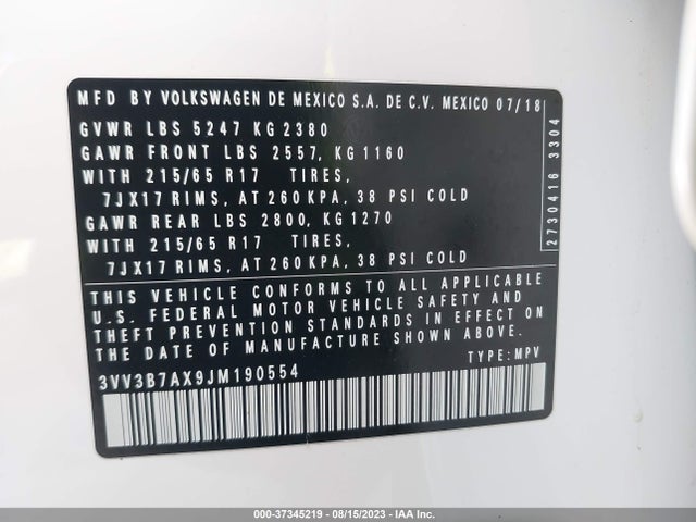3VV3B7AX9JM190554 Volkswagen Tiguan Sel/se