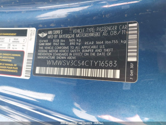 2012 MINI COOPER HARDTOP WMWSV3C54CTY16583 Photo 8