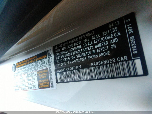 2012 VOLKSWAGEN GOLF R VIN: WVWRF7AJ0CW324427