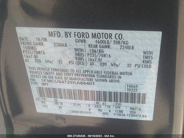 2009 FORD ESCAPE LIMITED VIN: 1FMCU94729KA88401