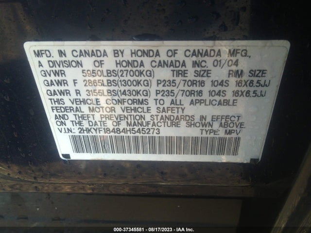 2004 HONDA PILOT EX VIN: 2HKYF18484H545273