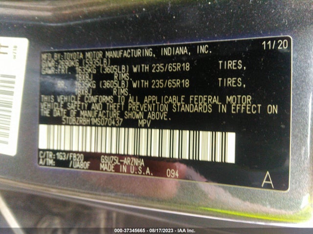 Toyota Highlander L/le 2021 5TDBZRBH1MS070437 Image 9