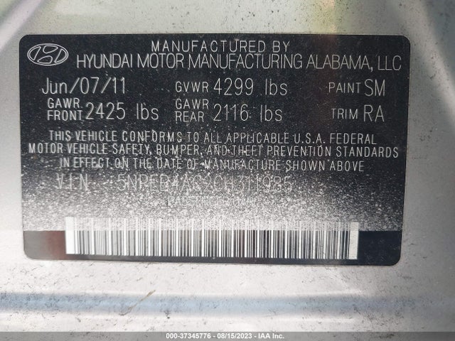 2012 HYUNDAI SONATA GLS VIN: 5NPEB4AC2CH311985