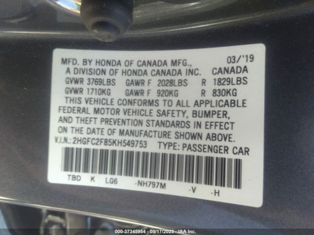 2HGFC2F85KH549753 Honda Civic Sedan Sport