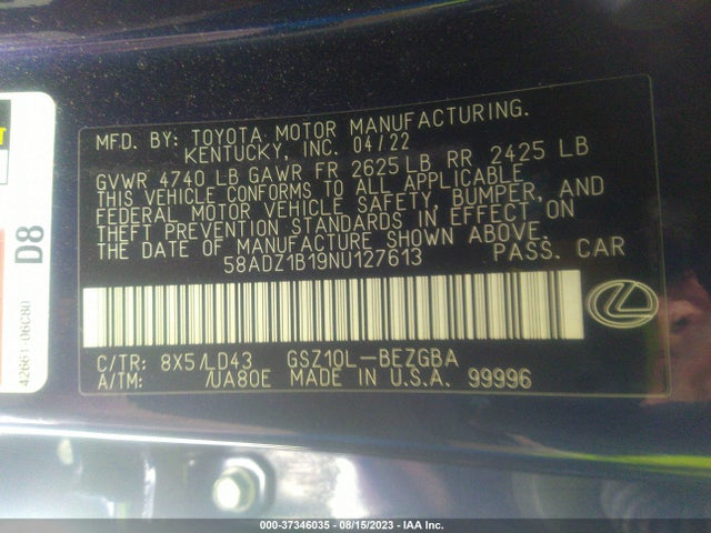 2022 Lexus ES, VIN: 58ADZ1B19NU127613