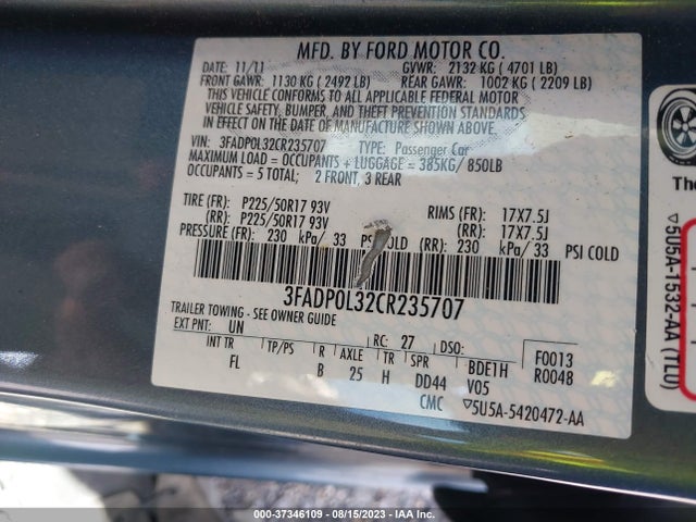 2012 FORD FUSION HYBRID VIN: 3FADP0L32CR235707