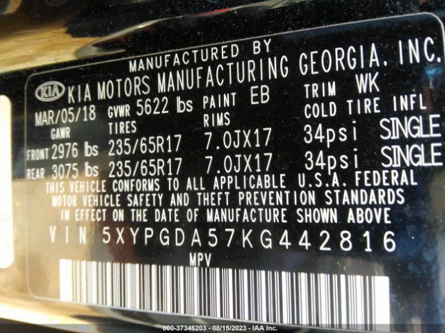 5XYPGDA57KG442816 KIA Sorento Lx V6