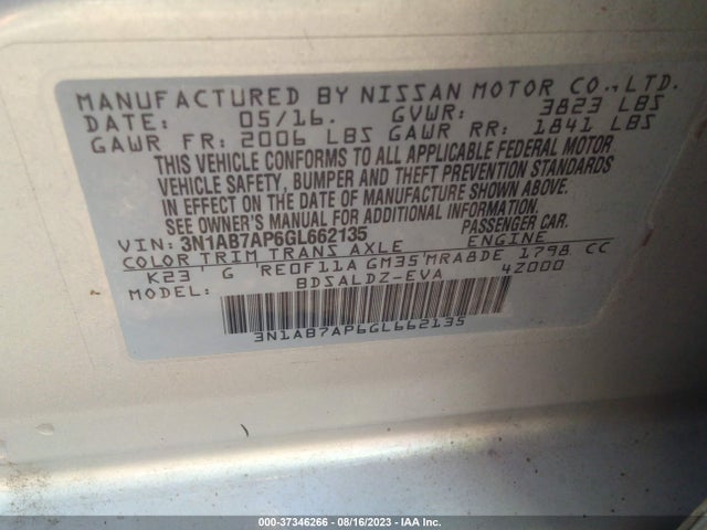 2016 NISSAN SENTRA SR/SL/S/SV/FE+ S VIN: 3N1AB7AP6GL662135