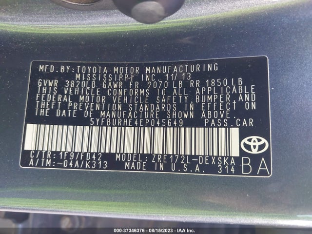 2014 TOYOTA COROLLA L/LE/S/S PLUS/LE PLUS VIN: 5YFBURHE4EP045649