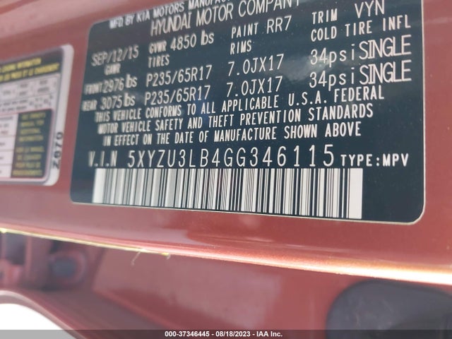 2016 HYUNDAI SANTA FE SPORT VIN: 5XYZU3LB4GG346115
