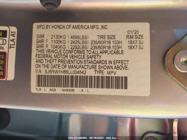 2020 HONDA CR-V EX-L VIN: 5J6RW1H86LL004542
