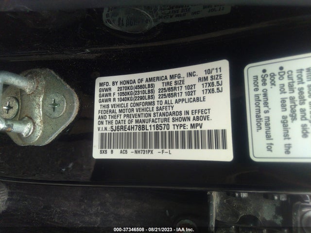 2011 HONDA CR-V EX-L VIN: 5J6RE4H78BL118570