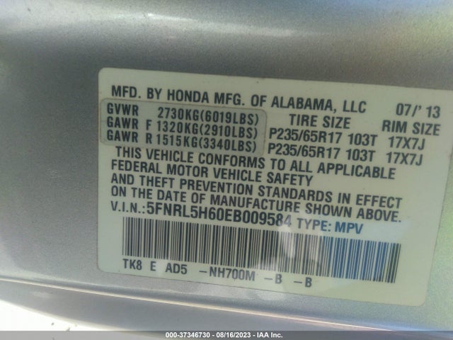 Honda Odyssey Ex-l 2014 5FNRL5H60EB009584 Image 9