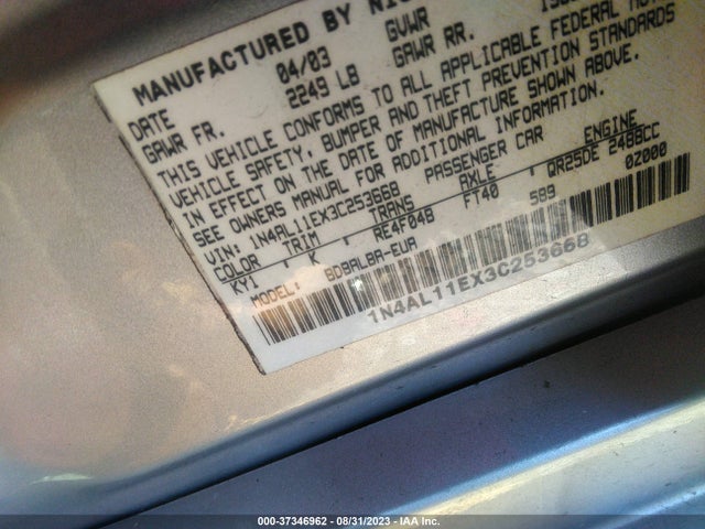 2003 NISSAN ALTIMA S VIN: 1N4AL11EX3C253668