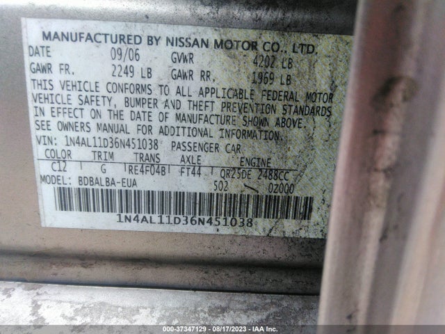 2006 NISSAN ALTIMA 2.5 S VIN: 1N4AL11D36N451038