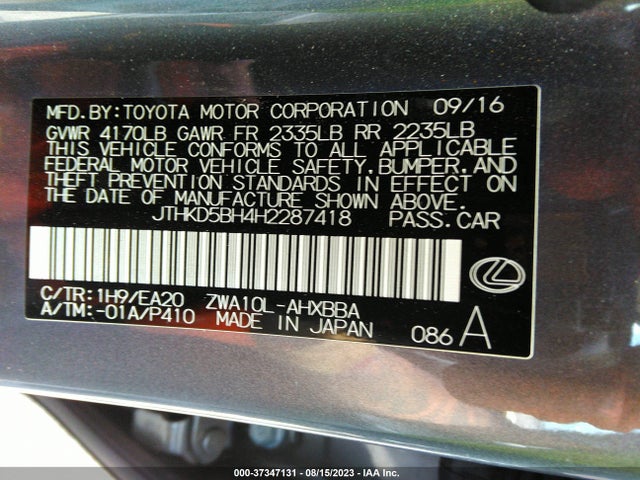 2017 LEXUS CT CT 200H VIN: JTHKD5BH4H2287418