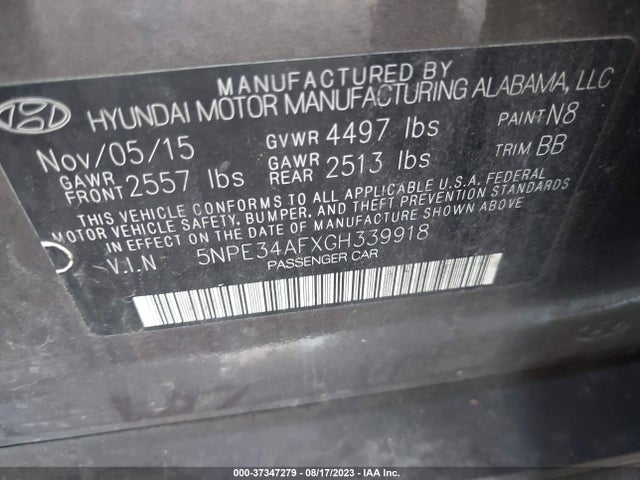2016 HYUNDAI SONATA 2.4L LIMITED VIN: 5NPE34AFXGH339918