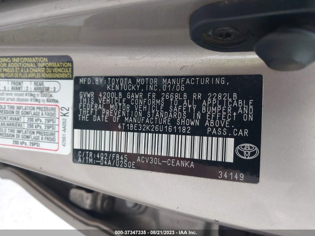 2006 TOYOTA CAMRY STD/LE/SE/XLE VIN: 4T1BE32K26U161182