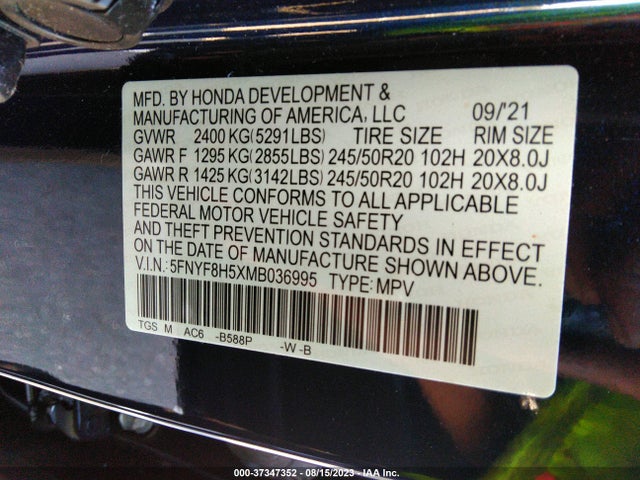 2021 HONDA PASSPORT EX-L VIN: 5FNYF8H5XMB036995
