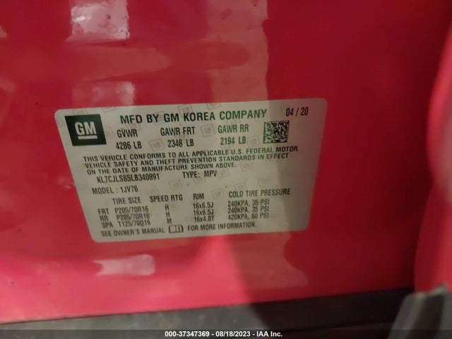 Chevrolet Trax Fwd Lt 2020 KL7CJLSB5LB340891 Image 9