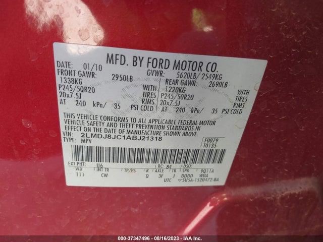 2010 LINCOLN MKX VIN: 2LMDJ8JC1ABJ21318