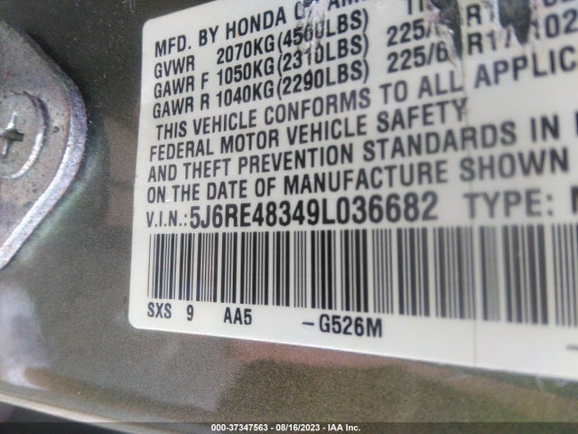 2009 HONDA CR-V LX VIN: 5J6RE48349L036682