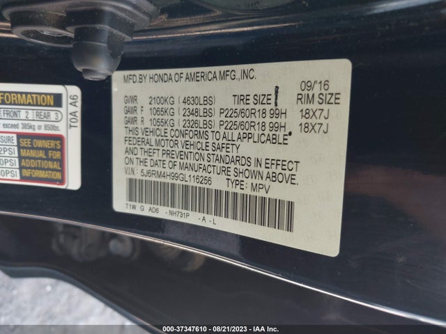 Honda Cr-v Touring 2016 5J6RM4H99GL116256 Image 9