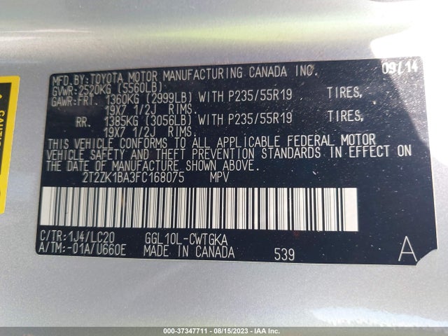2T2ZK1BA3FC168075 Lexus RX 350