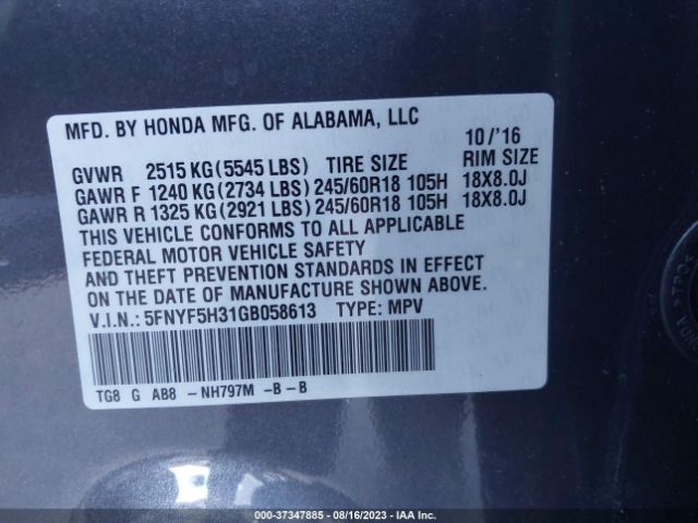 5FNYF5H31GB058613 Honda Pilot Ex