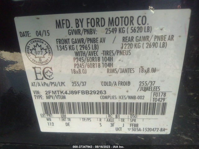 Ford EDGE SEL 2015 2FMTK4J89FBB29263 Image 9