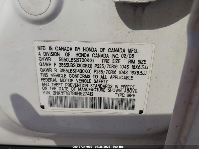 2006 HONDA PILOT EX-L WITH NAVI VIN: 2HKYF18796H527412