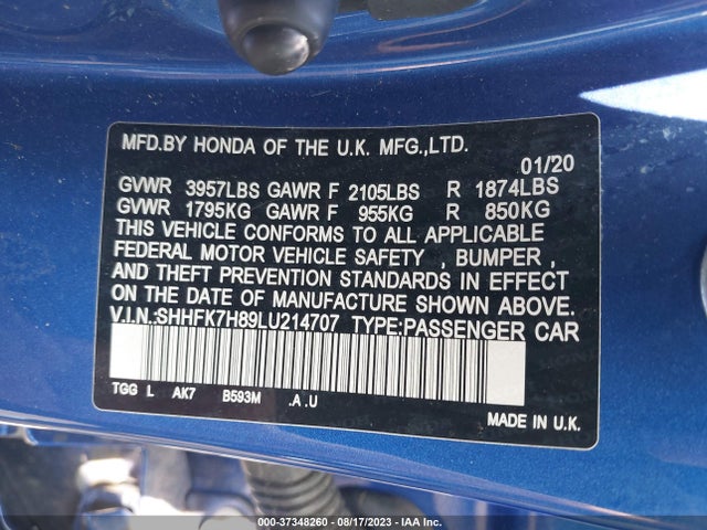 Honda Civic Hatchback Ex-l 2020 SHHFK7H89LU214707 Image 9
