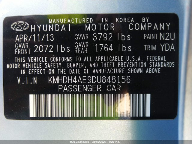 2013 HYUNDAI ELANTRA GLS PZEV VIN: KMHDH4AE9DU848156