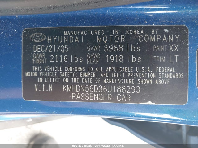 2006 HYUNDAI ELANTRA GLS/GT VIN: KMHDN56D36U188293