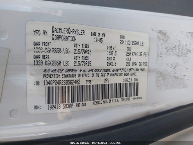 2006 DODGE GRAND CARAVAN SE VIN: 1D4GP24R26B562402
