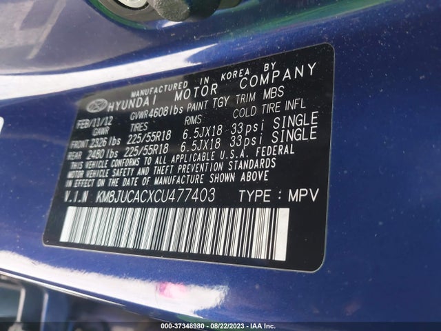 2012 HYUNDAI TUCSON LIMITED VIN: KM8JUCACXCU477403