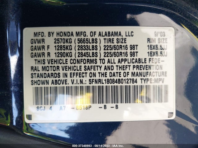 2004 HONDA ODYSSEY EX-L RES VIN: 5FNRL18084B012784